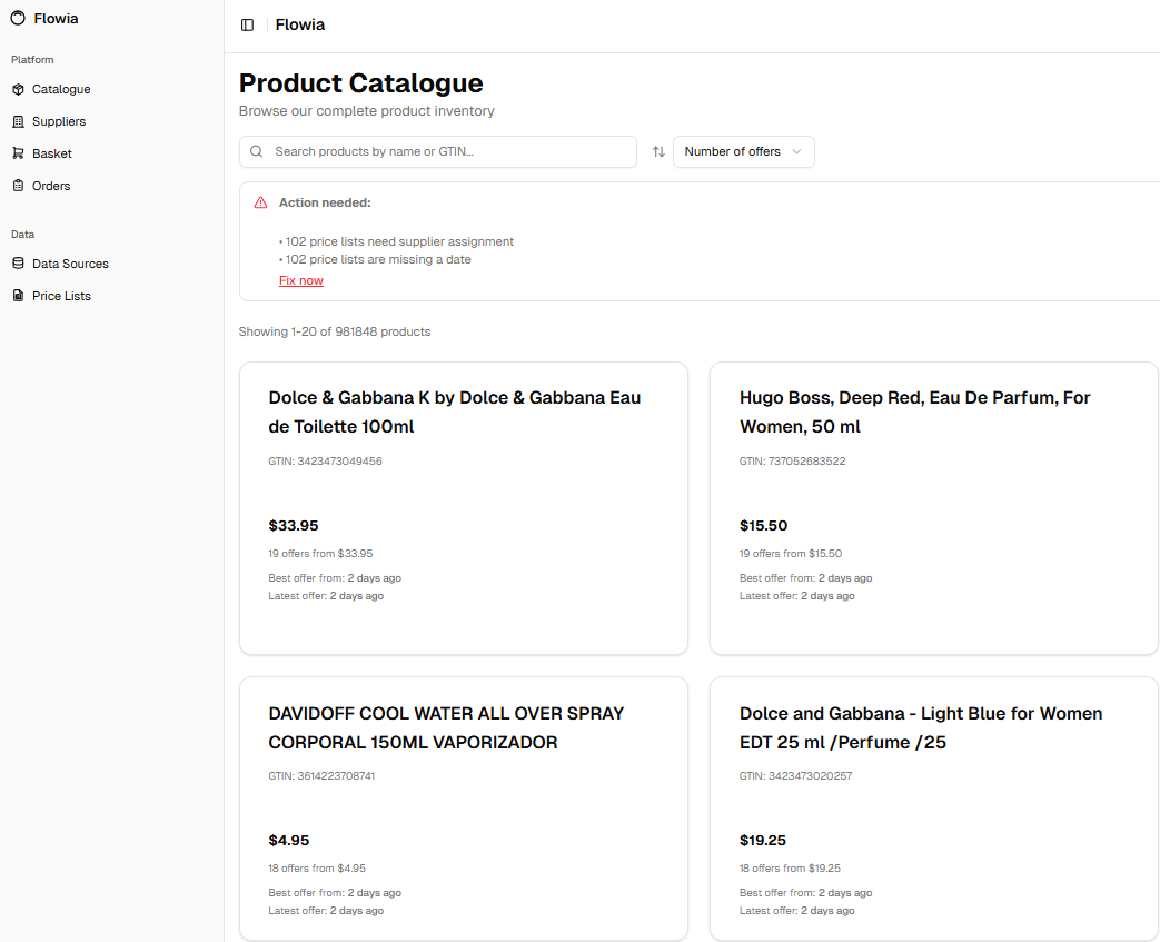 Flowia Product Catalog Interface - Browse complete product inventory with search, filtering, and pricing comparison across multiple suppliers